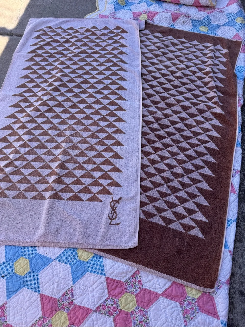 Vintage 1970’s Yves Saint Laurent Brown and Cream Geometric Cotton Towel Set